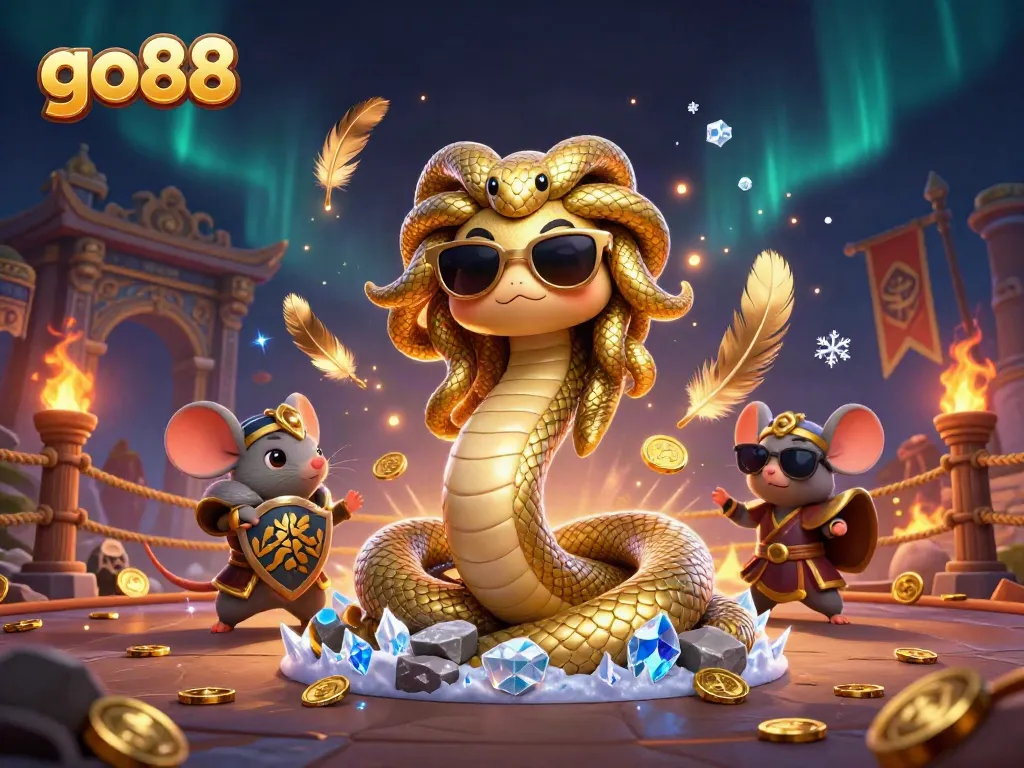 Experience go88's thrilling casino atmosphere with Medusa, a warrior mouse, and vibrant game elements.