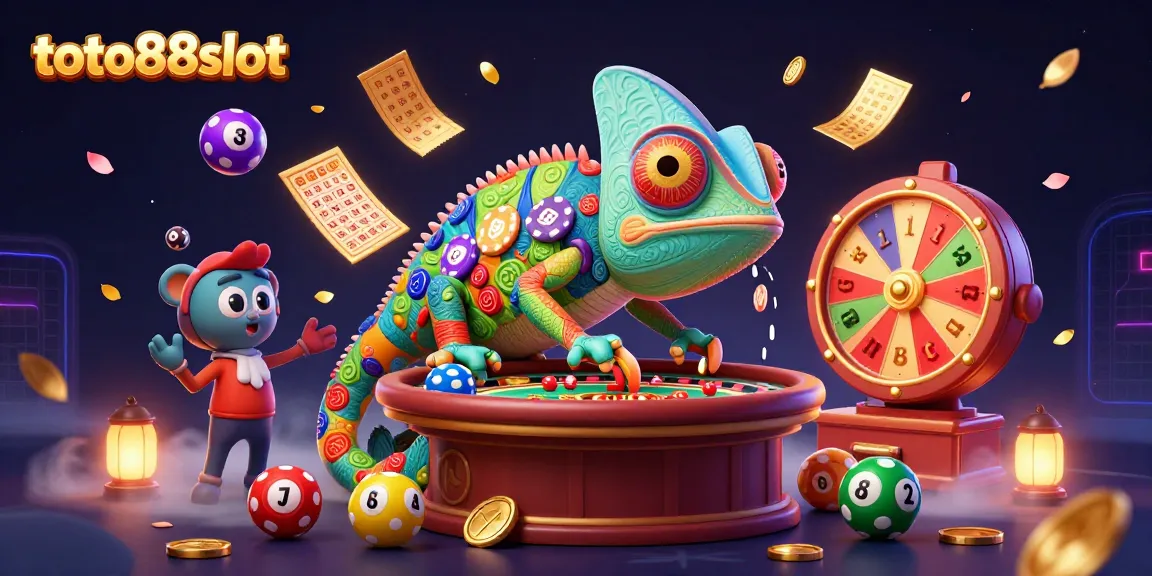 Toto88slot features a vibrant 3D cartoon chameleon and dynamic lottery elements, conveying excitement in online gambling.