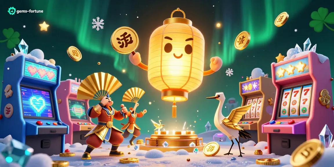 Spin the reels of gems-fortune with a golden lantern spirit amidst vibrant casino action.