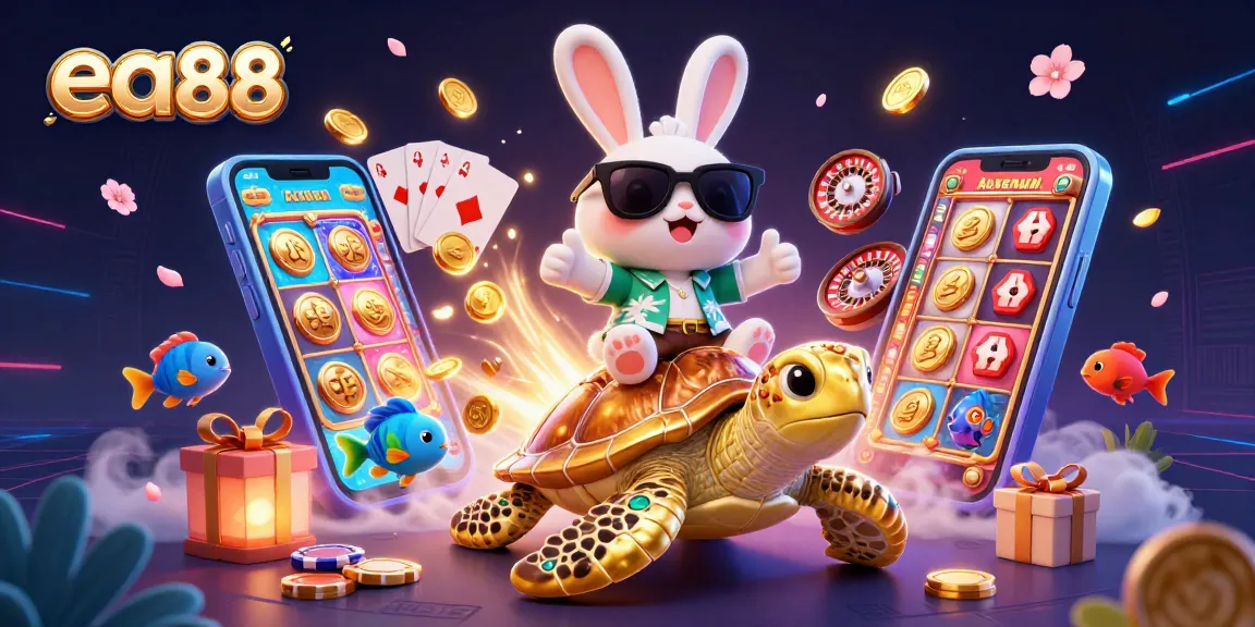 Play exciting slot games with ea88 featuring a lucky rabbit and golden turtle in a vibrant casino scene.