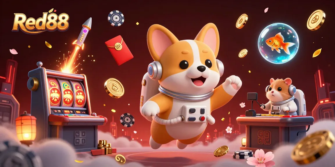Join the action at Red88 with a floating astronaut corgi in a dynamic casino scene, surrounded by vibrant gaming elements.