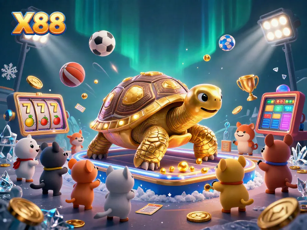 X88 gaming scene with a golden tortoise and slot machines creating excitement for players.