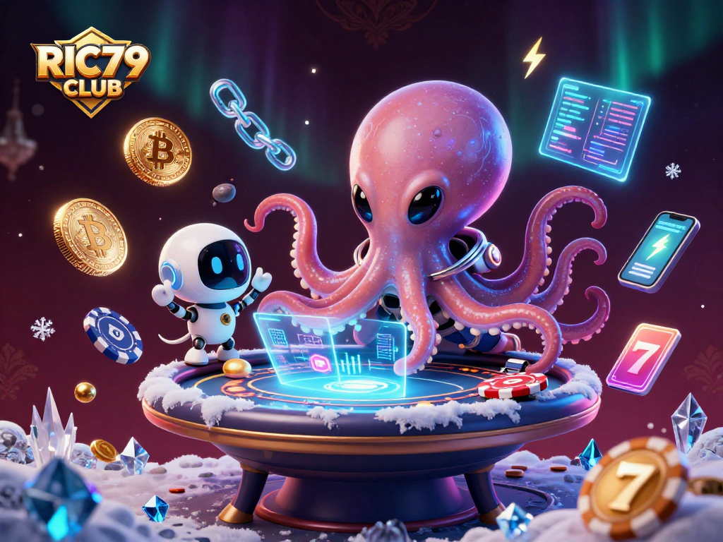 Play at RIC79 CLUB with an alien octopus and tiny robot at an animated crypto poker table.