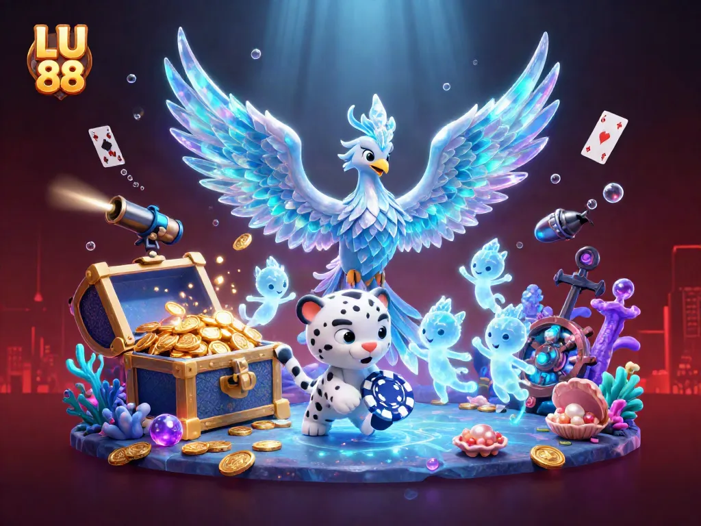 Experience exciting wins at LU 88 with vibrant 3D illustrations showcasing gaming adventures.