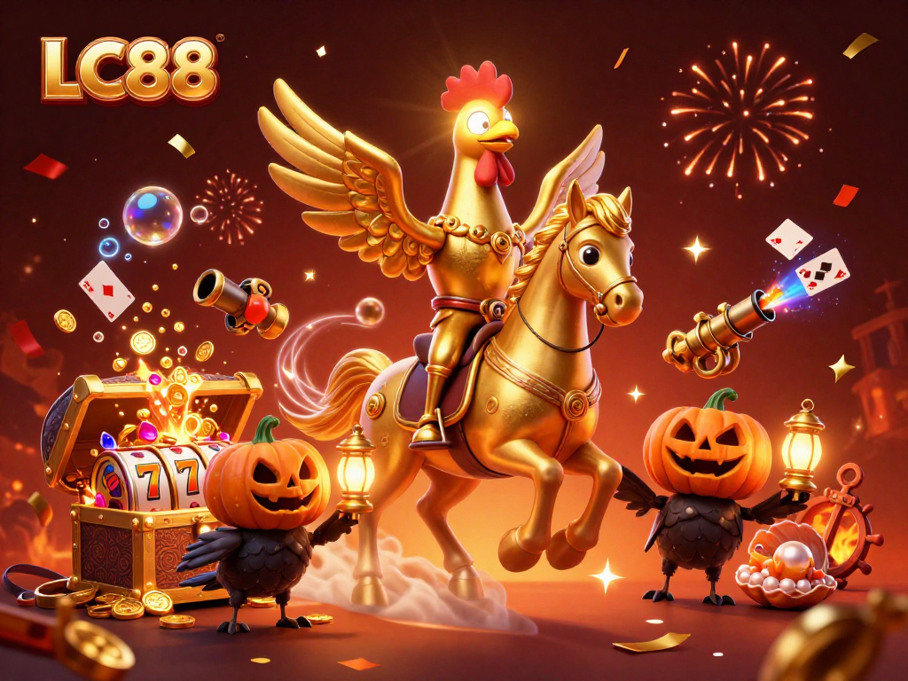 LC88 offers thrilling casino experiences with golden rooster headless horseman amid vibrant gaming elements.
