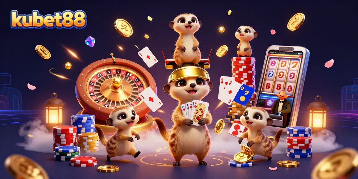 Spin and win at kubet88 with charming meerkats in a lively casino scene filled with gold coins and poker chips