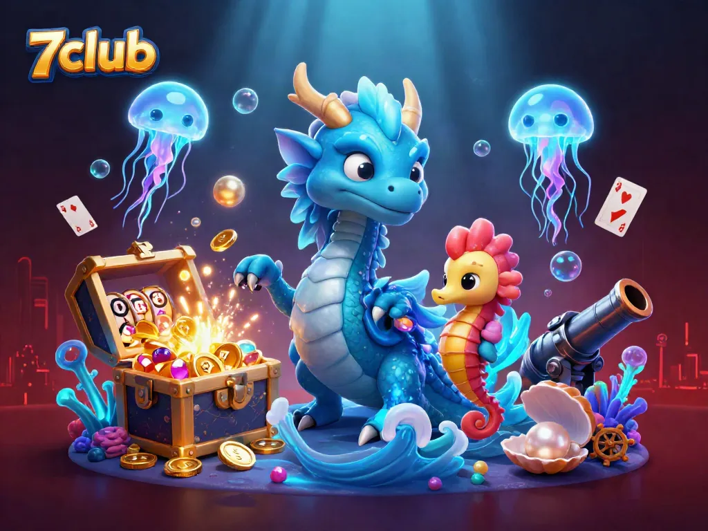 Experience thrilling wins at 7club, featuring a vibrant underwater scene with slot reels and glowing treasures.