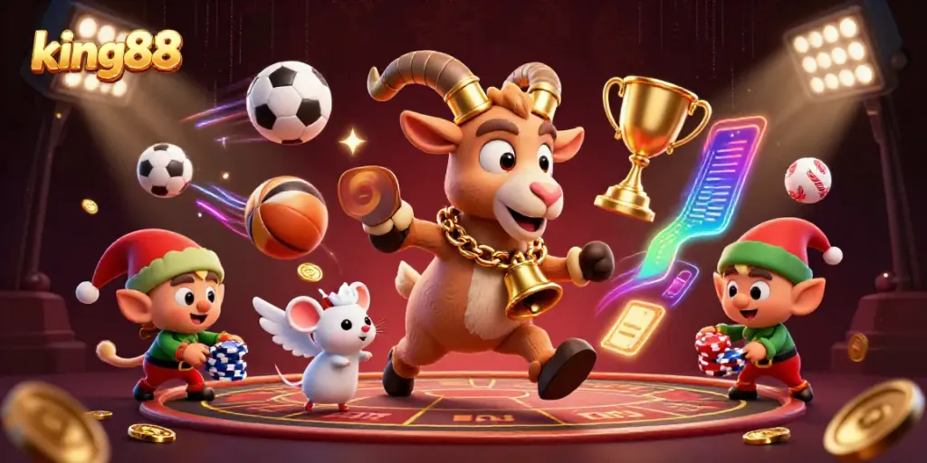 Engage with casino excitement at king88 with Krampus goat and friends in dynamic illustration.