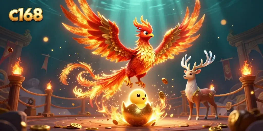 Bet big with c168's vibrant phoenix and stag in a dynamic casino scene bursting with gold!