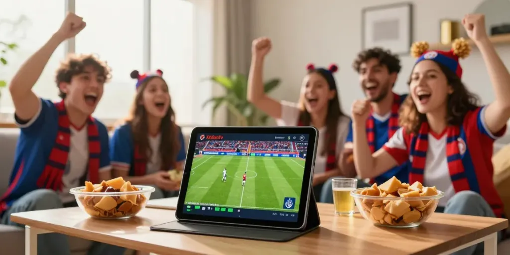 Football fan enjoying Xoilactv's live match in HD, celebrating with friends.