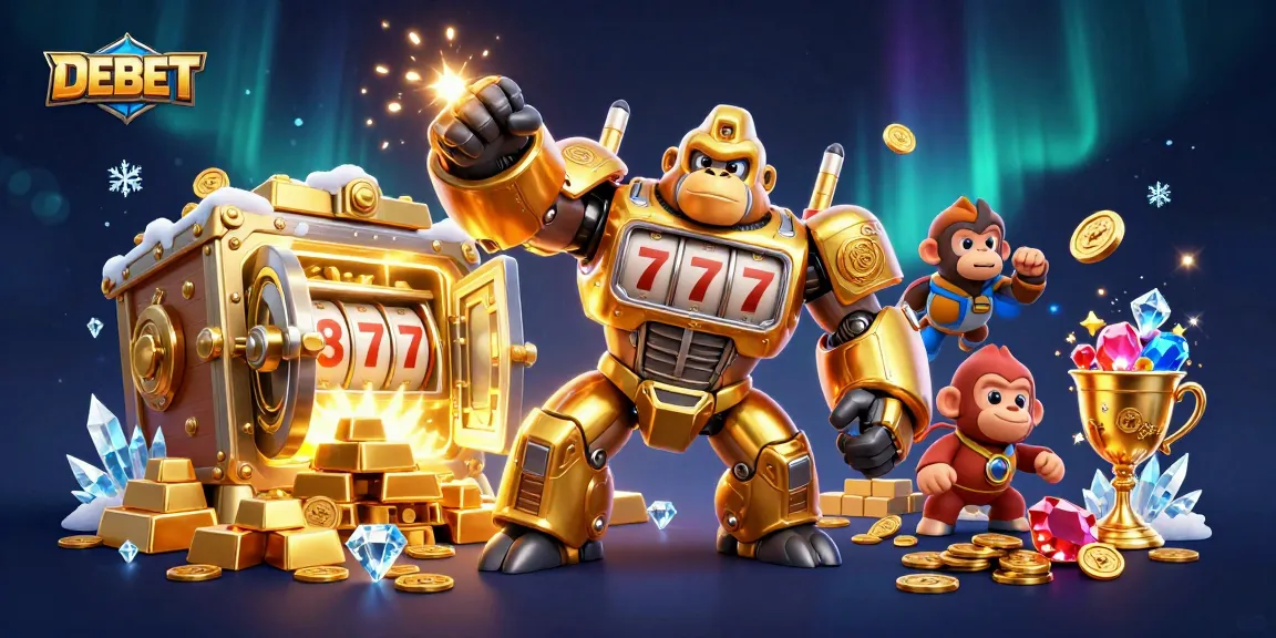Experience thrilling action at DEBET with a dynamic golden gorilla mech amidst riches and vibrant gems.