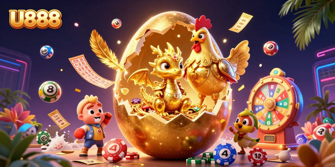 Engage in thrilling gaming at U888 with a crystal baby dragon and golden tokens in a vibrant casino scene.