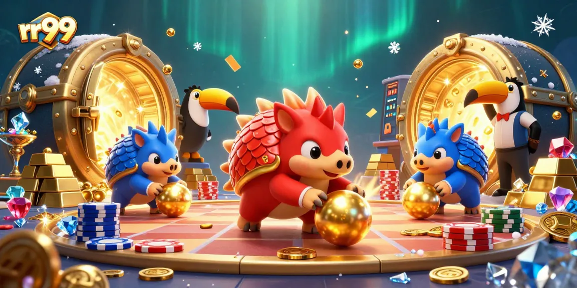 rr99 pangolins roll into golden jackpots while bowling through poker chips, vibrant casino scene