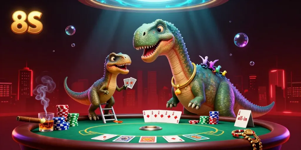 Experience the vibrant 8S casino scene with a playful brontosaurus and clever raptor dealer.