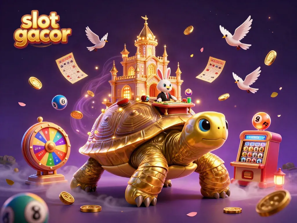 Experience slot gacor with a vibrant casino scene featuring a golden tortoise, lively dealer, and dynamic gaming elements.