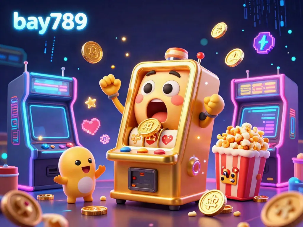 Experience the thrilling jackpot excitement at bay789, where golden coins pour from a joyful slot machine in a lively casino environment.