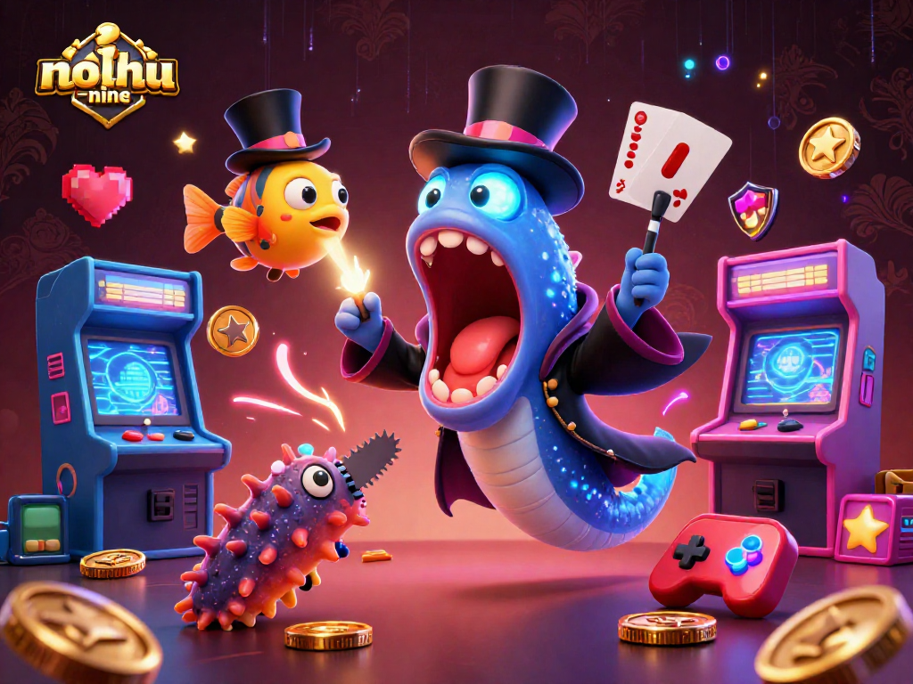 Experience the excitement of nohu-nine with dazzling cards and shimmering lights in a dynamic casino-themed scene.
