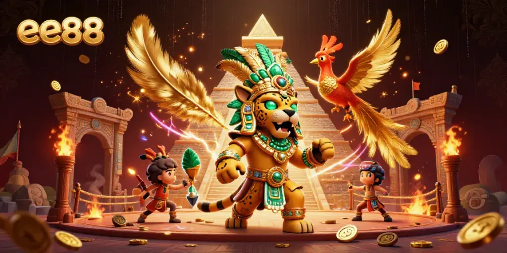 Experience the thrill of ee88 with a vibrant 3D casino illustration featuring iconic characters and elements.