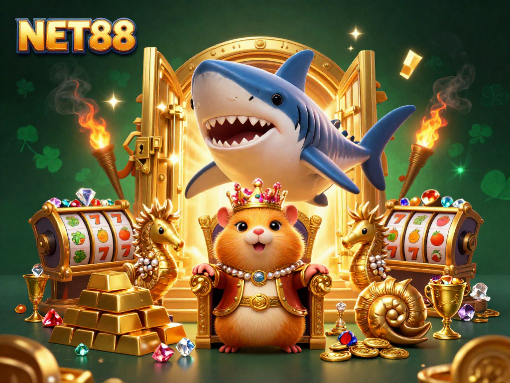 Experience NET88 with a vibrant 3D scene featuring a golden hamster king and fortune elements.