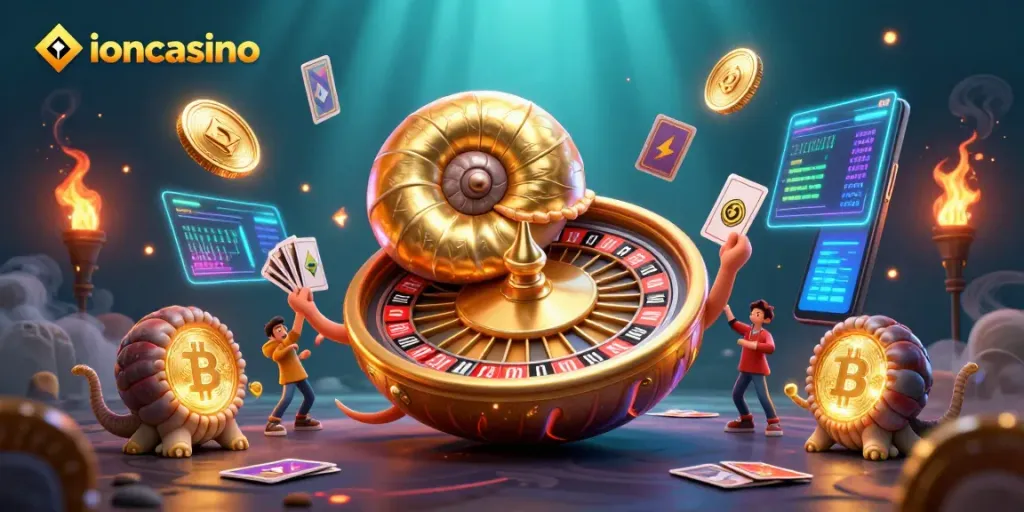 Engage with ioncasino's vibrant 3D scene featuring a nautilus roulette wheel and glowing crypto elements.