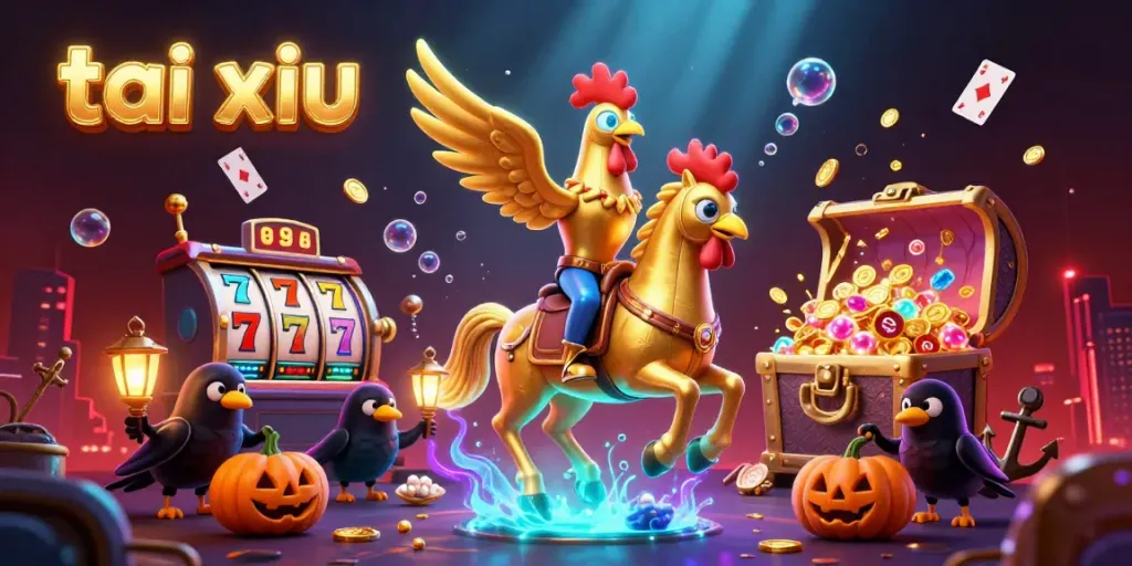 Engage in tai xiu gaming with a vibrant casino scene featuring a golden rooster and dynamic elements.