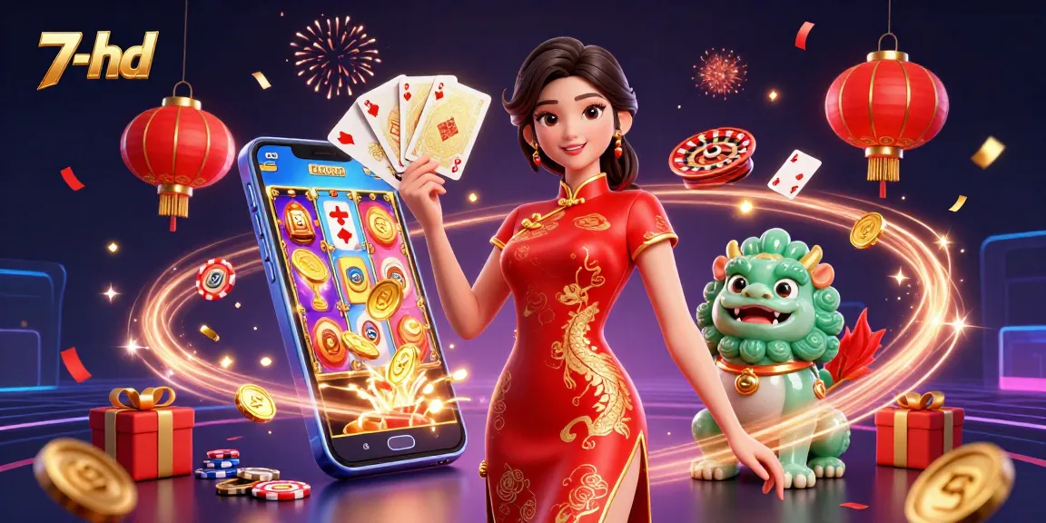 Experience thrilling casino gaming with 7-hd's vibrant 3D illustration showcasing slot games and rich visual elements.