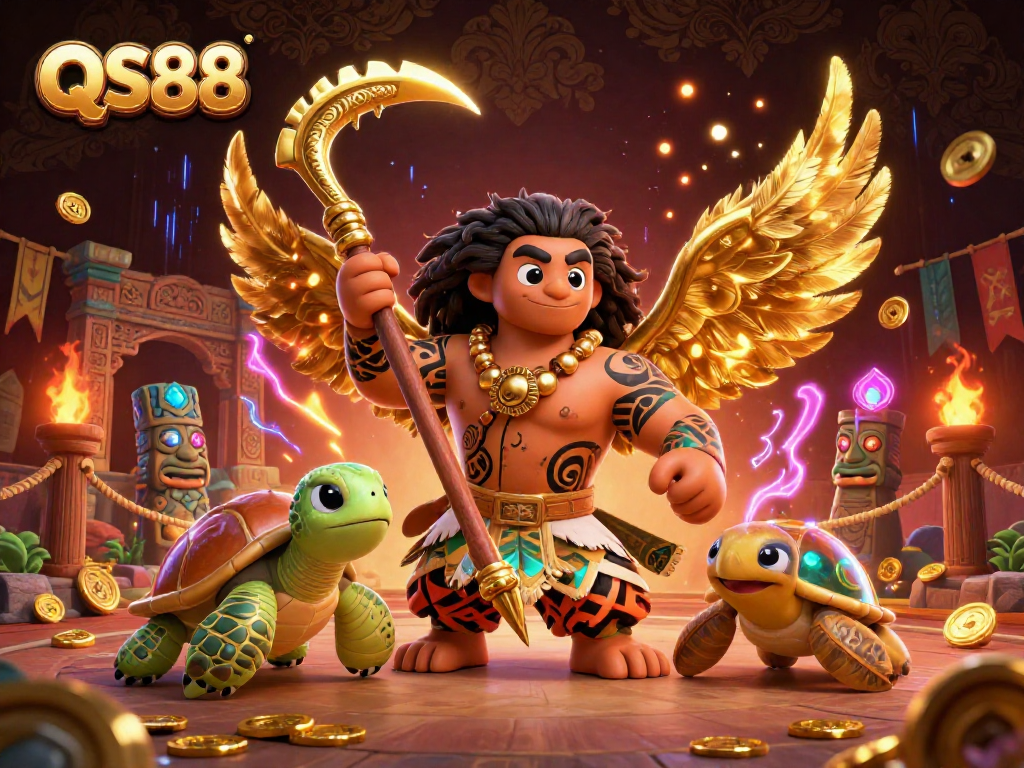 Engage with QS88's thrilling casino experience featuring dynamic Polynesian characters in an action-packed scene.