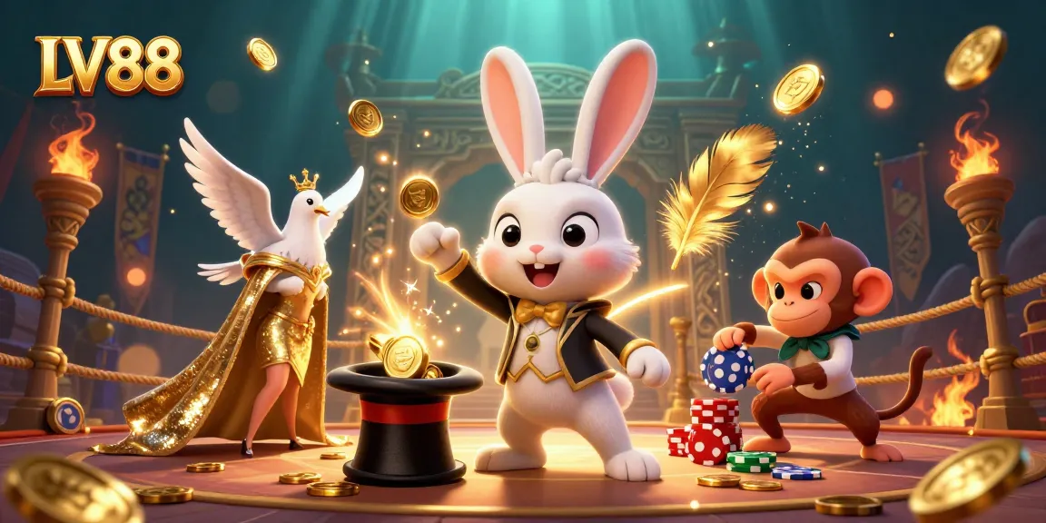 Experience the thrill of LV88 with golden coins and poker chips in a magical casino scene.