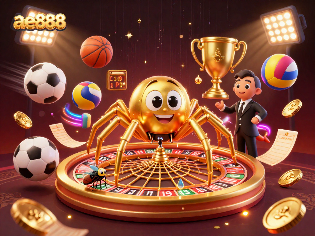 ae888 showcases thrilling bets at a lively roulette wheel, where a spider spins a web of winning options.