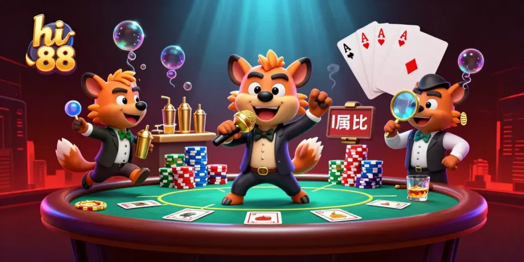 Engage in exciting games at hi 88 casino with vibrant characters in a dynamic illustration.