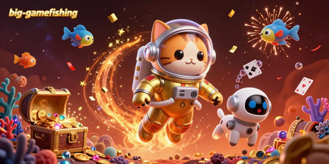 Experience big-gamefishing adventures with a golden astronaut cat and treasures in this thrilling 3D scene.