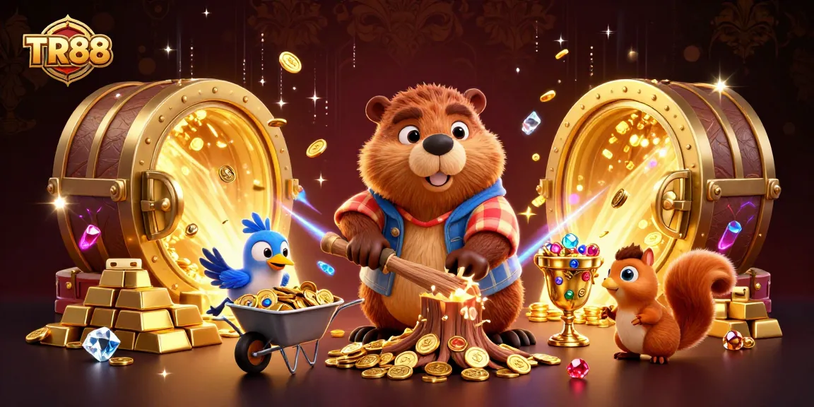 Experience the excitement of TR88 with a vibrant casino scene filled with gold coins, treasures, and lively characters.