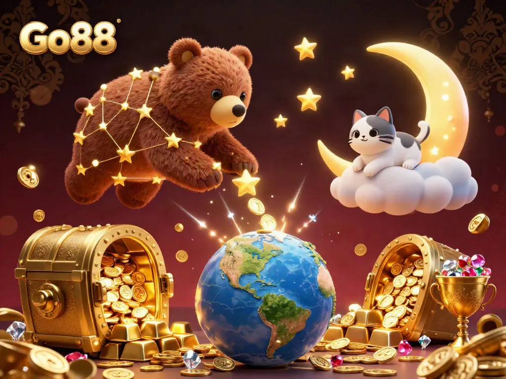 Engaging Go88 casino illustration featuring a constellation bear collecting coins in a magical world.