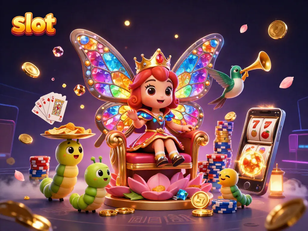 Spin the slot reels with vibrant golden coins and gems in a festive casino scene.