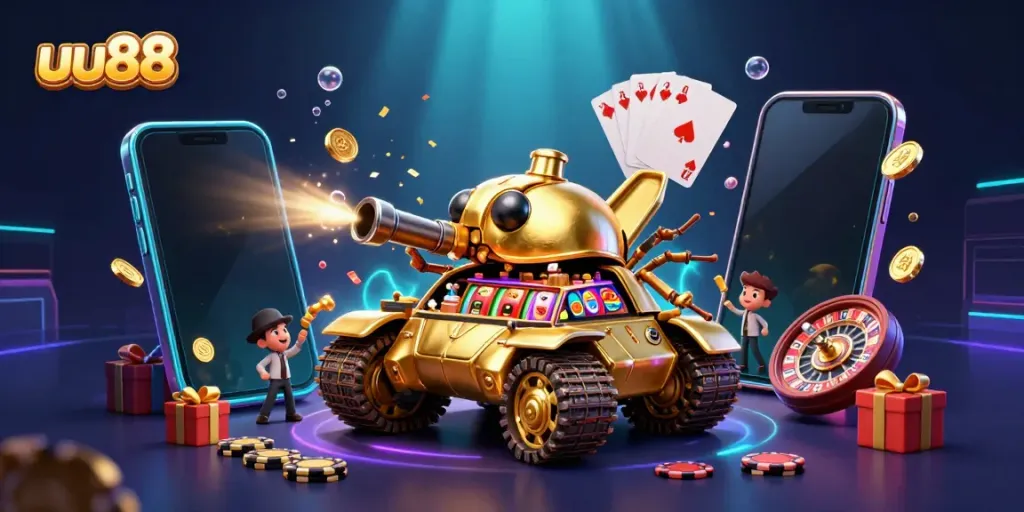 Experience the excitement of uu88 with vibrant casino elements in this dynamic 3D illustration.