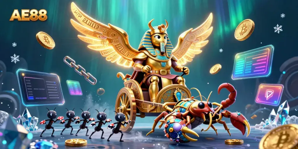 Experience intense gaming excitement at AE88, featuring golden scarabs and vibrant crypto elements.