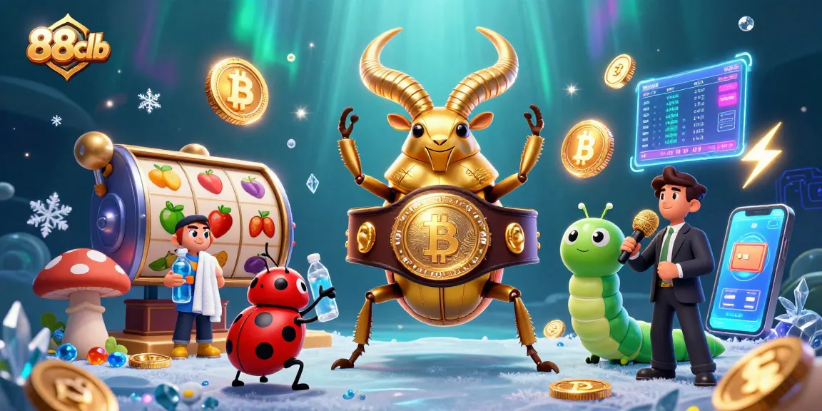 Engage in thrilling slots and jackpots at 88clb with golden beetle champion in a vibrant scene.