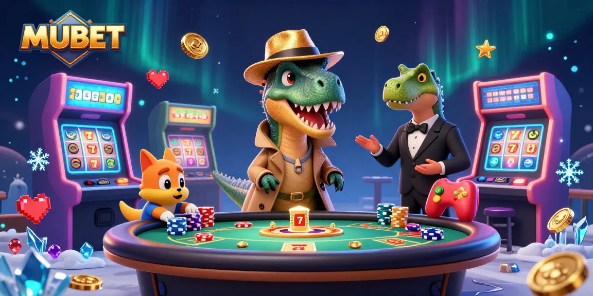 MUBET offers thrilling blackjack action featuring a velociraptor card counter in a colorful arcade setting.