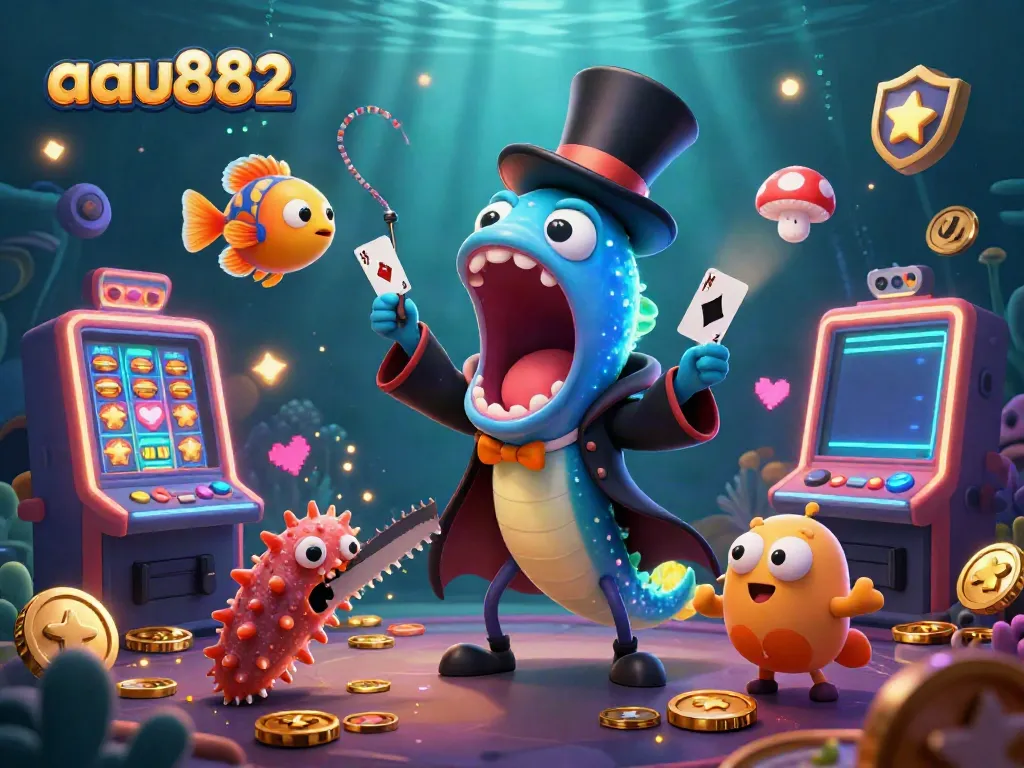 Engage with aau882's magical casino world featuring animated deep-sea characters and slot machines.