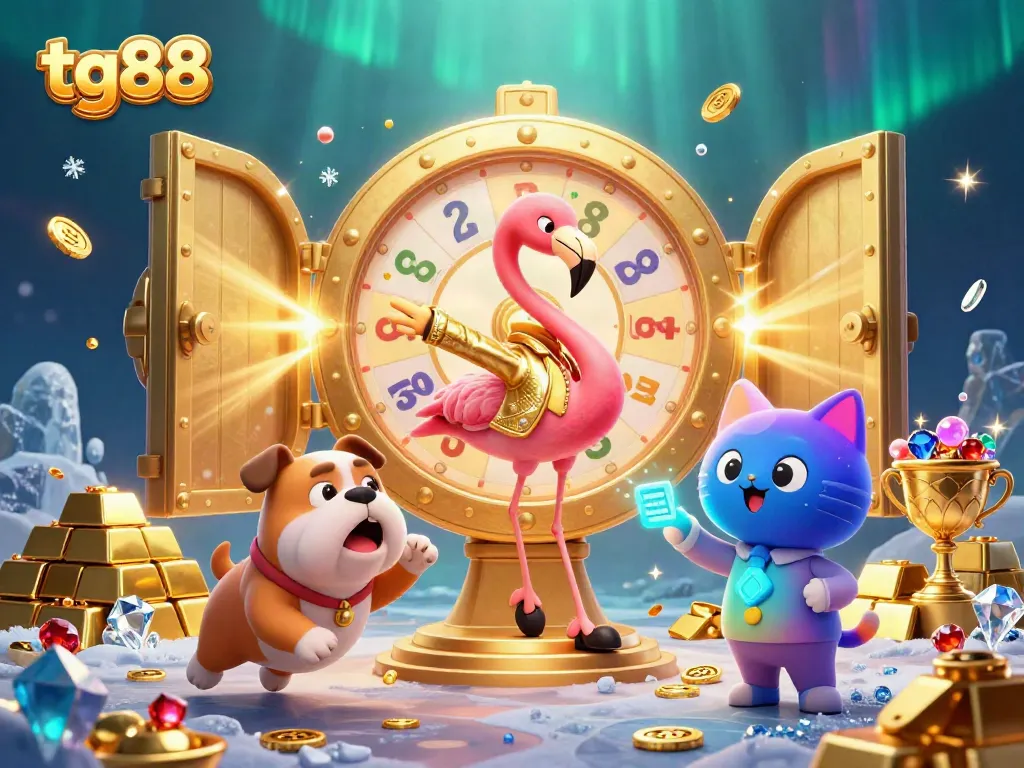 Experience exhilarating moments at tg88 with a vibrant 3D casino game show scene full of treasures.