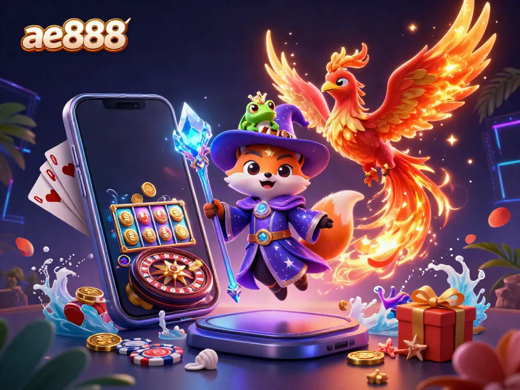Experience the thrill of ae888 with a mystical casino scene featuring a wizard fox and phoenix.