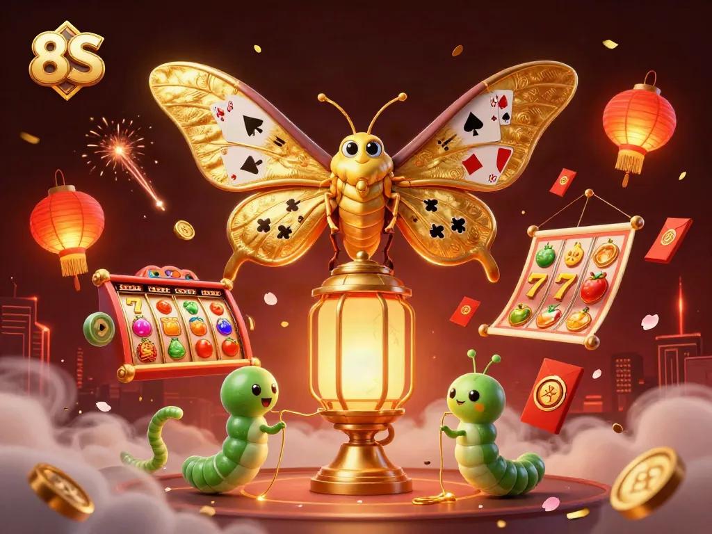 Experience the captivating world of 8S with a vibrant casino illustration featuring slot reels and golden moths.