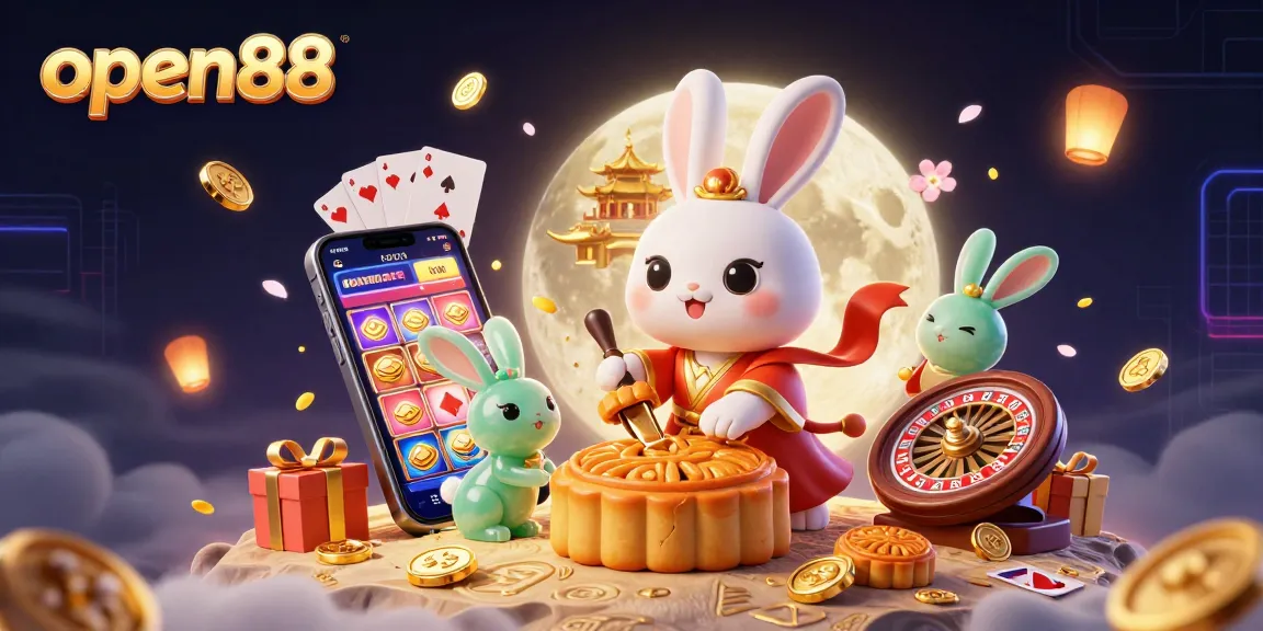 Experience open88 with a vibrant scene of moon rabbits revealing poker chips amid slot games and festive elements.