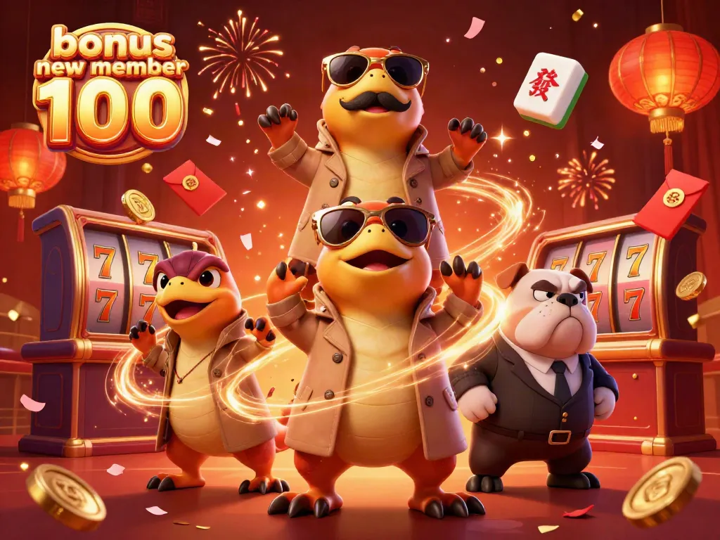 Experience gaming thrills with bonus new member 100 as raptors attempt VIP entrance and slot machines glow.