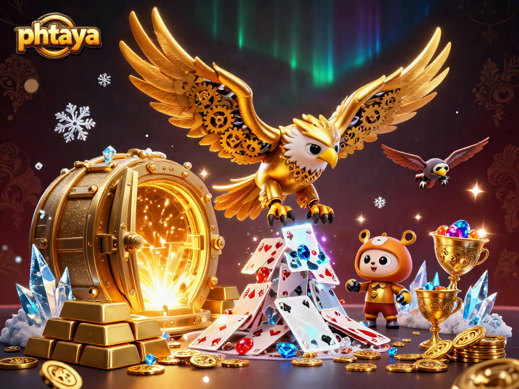 Phtaya showcases a thrilling 3D illustration with a cybernetic golden eagle among scattered playing cards and treasure.