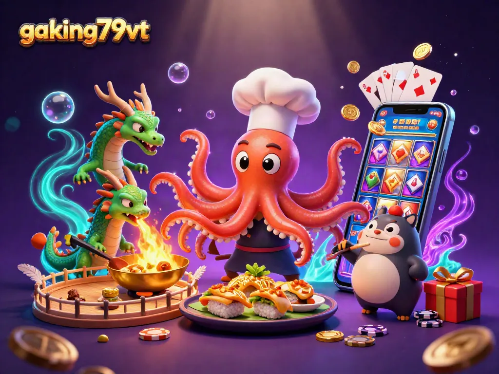 Engage with gaking79vt, featuring an octopus chef amidst fiery casino elements and cockfighting.