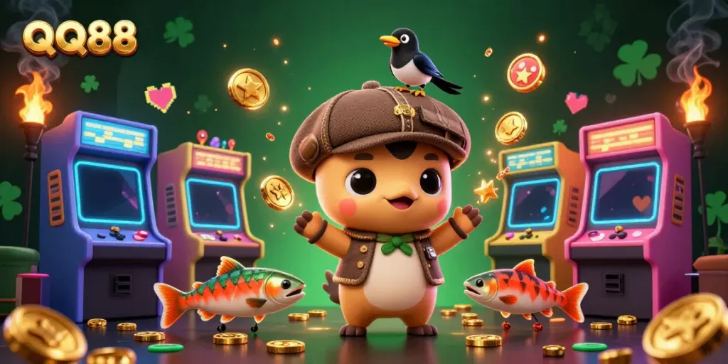 Engage with QQ88's vibrant 3D casino world featuring playful cartoon characters, game machines, and dynamic gaming elements.