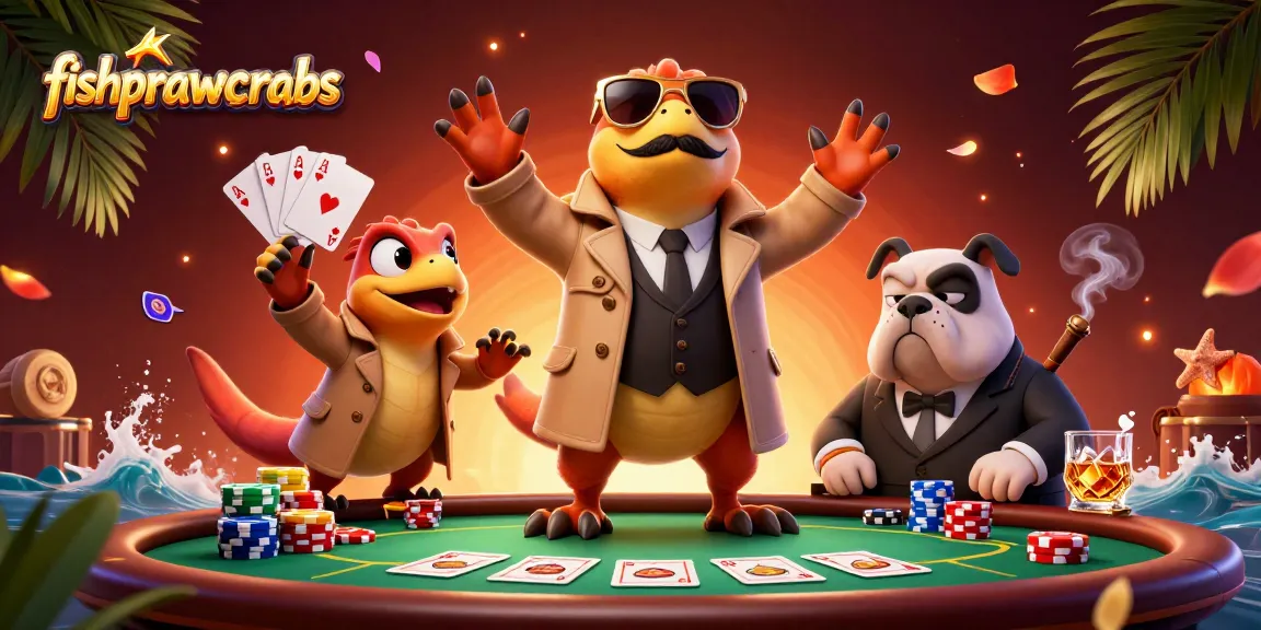 Experience thrilling fishprawncrabs action with raptors in a casino setting filled with poker elements.