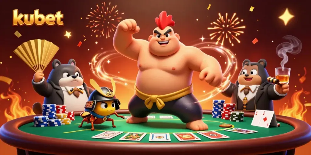 Kubet brings vibrant energy with a powerful sumo rooster and fierce cricket in a dynamic poker scene.