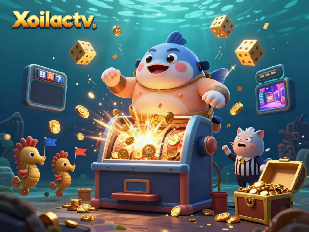 Xoilactv jackpot scene with a fugu blowfish and catfish referee celebrating coin explosion.